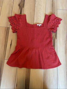 Madewell Red Eyelet Flutter Peplum Blouse